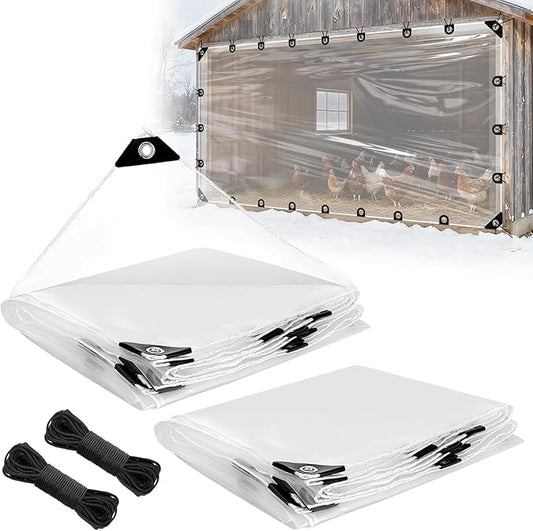 6.6x13ft Anti-Tear Clear Tarp Waterproof for Patio Winterizing - 2pcs Windproof Poly Tarpaulin, Heavy Duty Transparent Enclosure with Grommets for Covering Chicken Coops Greenhouse Garden Plants