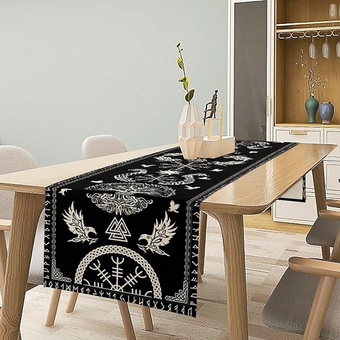 Viking Table Runner, Black Viking Tree of Life Raven Helmet of Awe Table Runner for Kitchen Dining Home Party 13x36in
