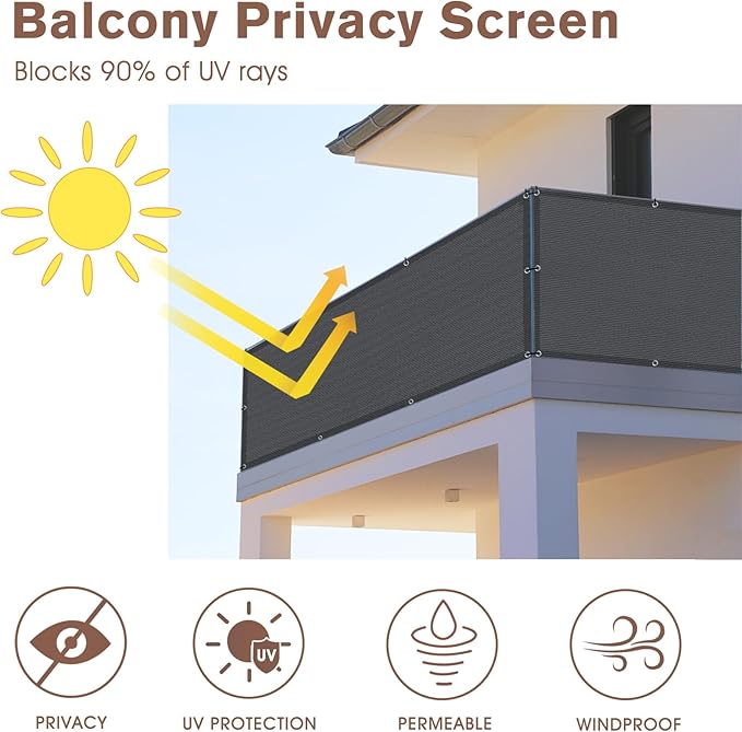 Sunny Guard Customized 3'x18' Dark Grey Balcony Privacy Screen,90% Shade Apartments Fence Cover,Heavy Duty Mesh Windscreen for Deck,Outdoor,Backyard,Patio