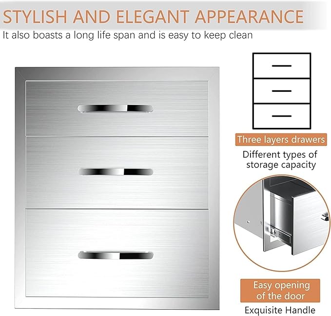 Outdoor Kitchen Drawers, Flush Mount Triple Access BBQ Drawers With Stainless Steel Handle, BBQ Island For BBQ Island Patio Grill Station,Three Drawers