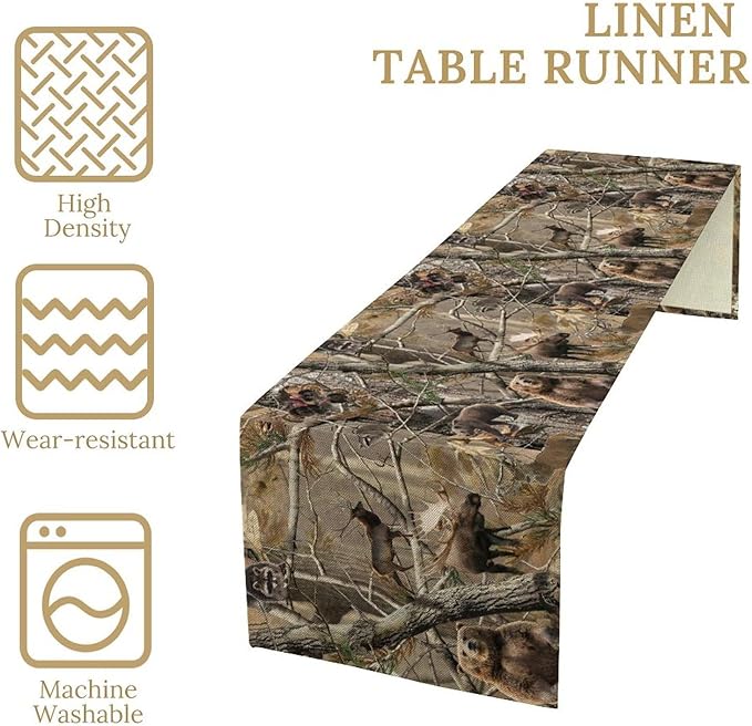 Forest Camouflage Table Runner, Camo Rustic Wildlife Animal Hunting Deer Elk Bird Bear Table Runner for Party Kitchen Dining Banquet 13x36in