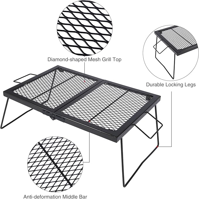 Large Folding Campfire Grill Grate, Portable Heavy Duty Steel Over Fire Camp Grill for Outdoor Camping Cooking Fire Pit, Black Folded in Half, 23.6"x15.7"