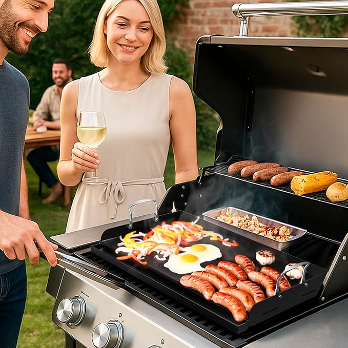 Uniflasy Nonstick Griddle for Gas Grill, Cast Iron Griddle for Outdoor Gas & Charcoal Grills, 25" x16" Nonstick Coating FlatTop Insert Cooking Pan for Weber Charbroil Camp Chef Grill