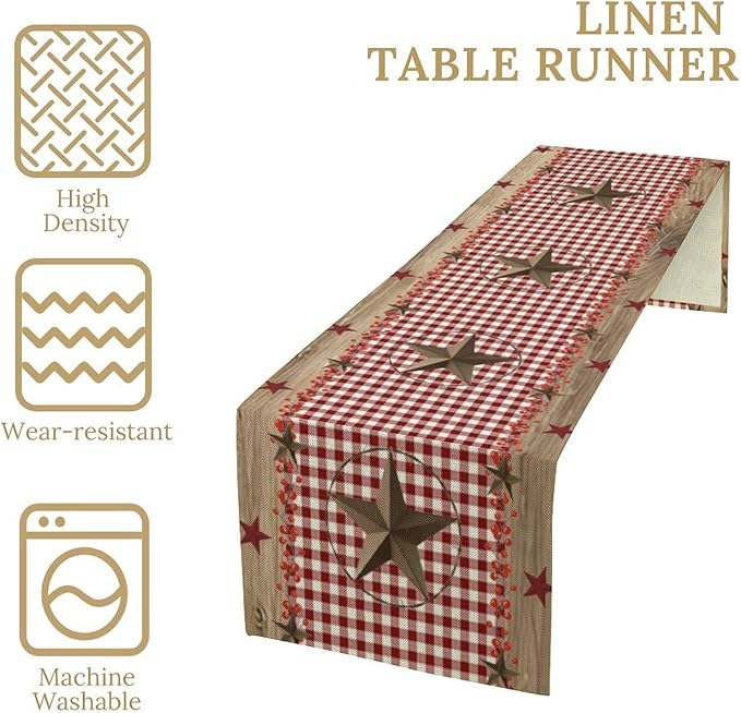 Farmhouse Western Table Runner,Rustic Country Barn Red White Buffalo Plaid Texas Star Berries Print Table Decoration for Kitchen Dining Table Wedding Home Party 13x60in