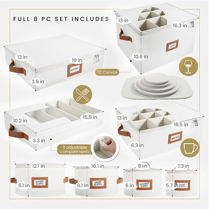 HOMELUX THEORY Hard Shell China Storage Containers, 6pc Ivory Mug & Plate Storage Box, Kitchen Storage Bins With Lids, Heavy Duty Moving Box with Handles for Dishes, Glassware, Stemware, Cup & Mug