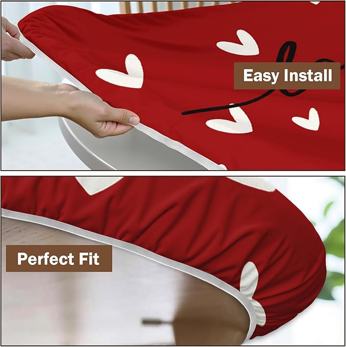 Valentines Day Round Fitted Tablecloth with Elastic Red White Love Heart Circle Table Cloth for 48-52" Round Tables Stretch Waterproof Washable Valentine Table Cover for Picnic Dining Party Decor