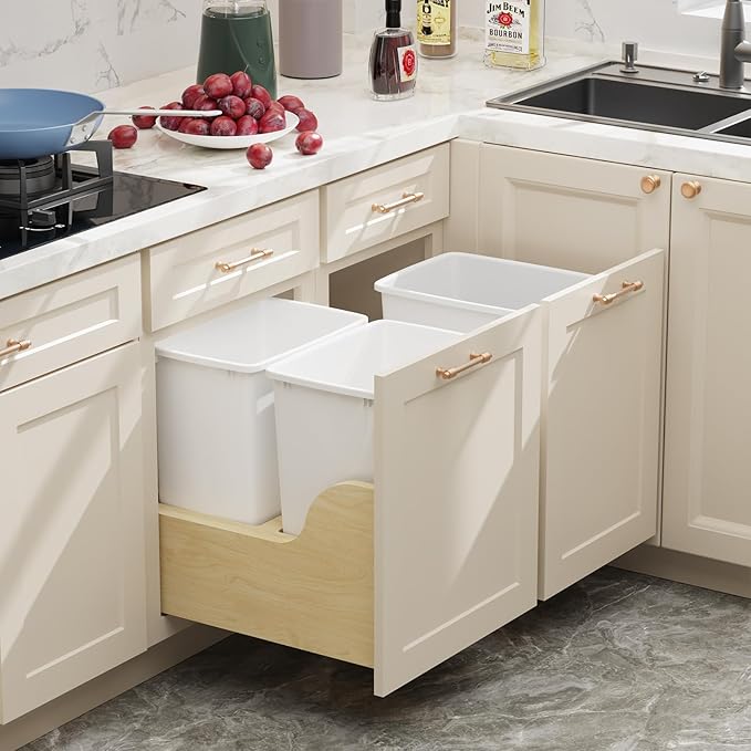 ROOMTEC 35QT Kitchen Trash Can, Sturdy and Lightweight Slim Trash Can, Trash Cans for Kitchen, Workspace, Bathroom, Office, Easy to Clean, 2-Pack, White
