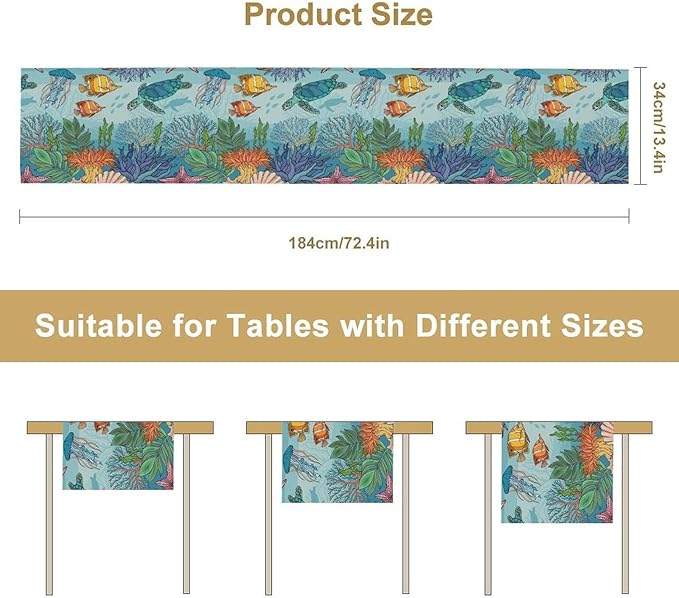 Coastal Table Runner, Ocean Nautical Coral Starfish Seashell Sea Turtle Table Runner for Dining Table Kitchen Party Picnic Home 13x70in