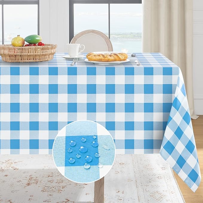Softalker Gingham Checkered Tablecloth Rectangle - Outdoor Waterproof Buffalo Plaid Table Cloth, Stain Resistant Washable Table Cover for Picnic, Camping, Dining - Blue and White, 54 x 120 Inch