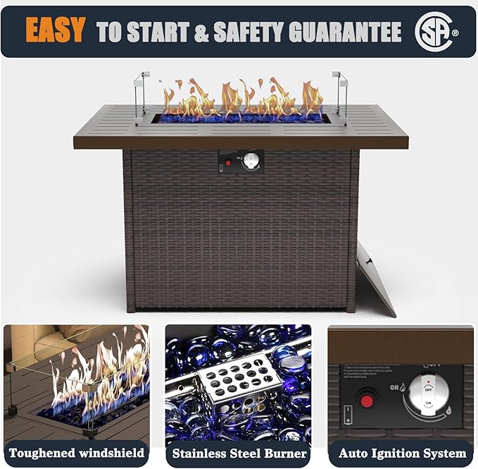 44 Inch Propane Gas Fire Pits Table for Outside Patio, 60000 BTU Rectangular Outdoor Wicker Rattan Fire Pit with Glass Wind Guard