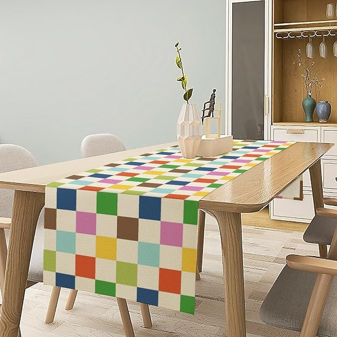 Colorful Checkered Table Runner, Vintage 60s 70s Cute Modern Geometric Table Runner for Party Kitchen Dining Home Outdoor Banquet 13x36in