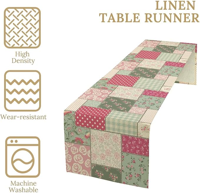 Patchwork Flowers Table Runner, Boho Plaid Floral Retro Romantic Rose Plants Table Runner for Dining Coffee Party Holiday Farmhouse 13x90in