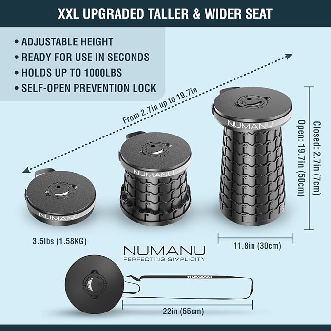 NUMANU 2PACK 2025 Upgraded XXL Collapsible Stool 19.7", 1000lbs Max Weight, Wider & Taller Pop Up Seat, Heavy Duty Portable Retractable Folding Chair or Travel Foot Rest, Gift for Camping & Outdoors