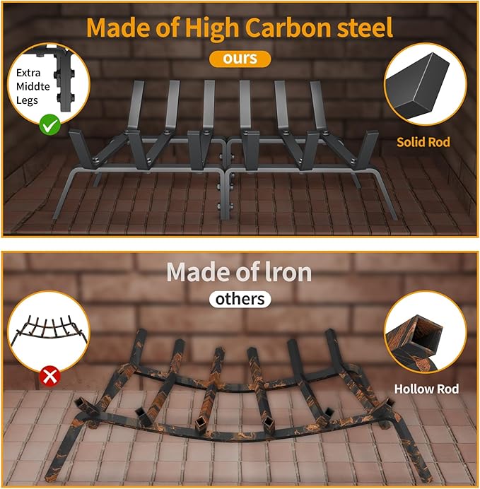 Fireplace Grate, 17 inch Solid Fireplace Log Holder, Heavy Duty Cast Iron Firewood Log Burning Rack Fire Grates for Inside Fireplace Accessories