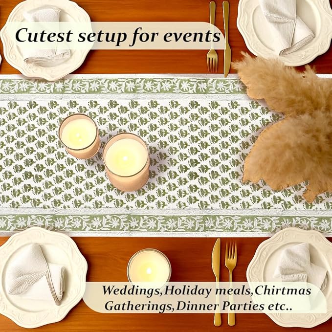 CPC Cotton Table Runner 16x60 Inch Block Printed Long Fall Table Runner for Dining Table, Card Table, Coffee Table, Wedding, Farmhouse & Outdoor Barbeque-Emerald Green