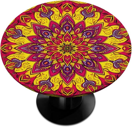 Floral Mandala Vintage Round Table Cloth Cover, Elastic Edge Waterproof Wipeable Tablecloths 36"-42" Polyester Tablecloth for Party Restaurant Banquet Holiday Camping Outdoor Picnic