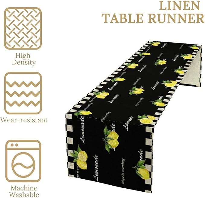 Lemon Table Runner,White Black Buffalo Plaid Watercolor Summer Fruit Print Table Runner for Kitchen Dining Table Indoor Outdoor Home Party Decor 13x120in