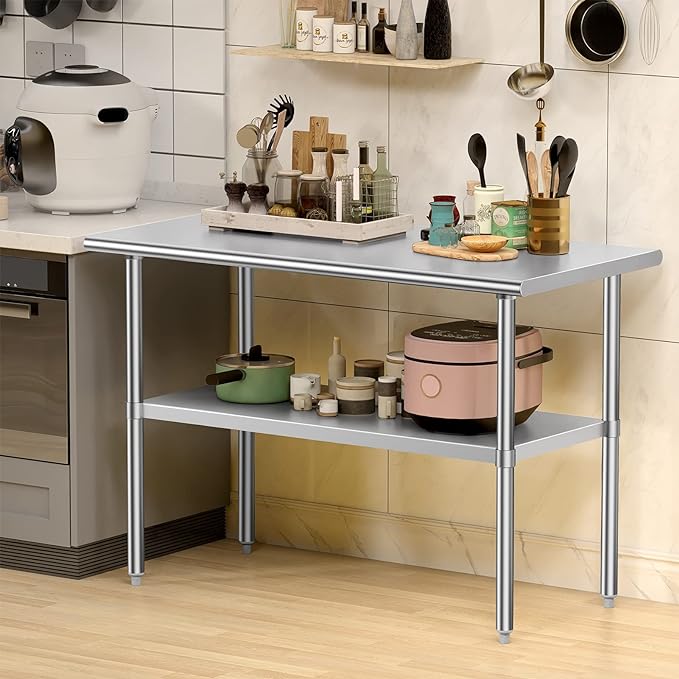 Stainless Steel Table for Prep & Work, 30x60 Inches, NSF Metal Commercial Heavy Duty Table with Adjustable Under Shelf and Foot for Restaurant, Home and Hotel
