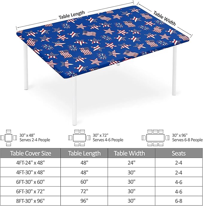 Rectangle Table Cloth Cover Waterproof Elastic Fitted Polyester Fitted Tablecloths for 6 Foot Tables for Indoor,Picnic, Camping, Outdoor （60" x 30"，American Flag）