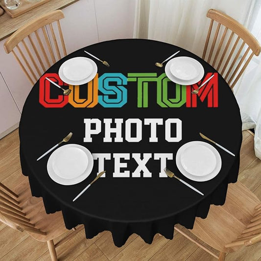 Custom Round Table Cloth, Design Your Logo Text Photo, Personalized Oil Proof Wipeable Table Cover for Restaurant, Dinner, Family Holiday Party, Picnic, Fits Tables up to 20in to 47in Diameter