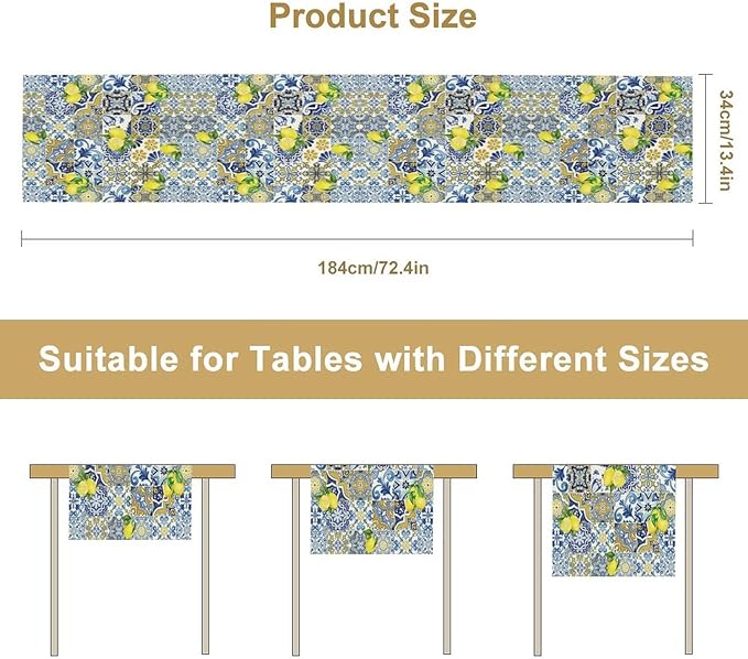 Farmhouse Rustic Lemon Table Runner,Vintage Morocco Blue Tiles Mediterranean Summer Fruit Print Table Runner for Kitchen Dining Table Home Party Decor 13x60in
