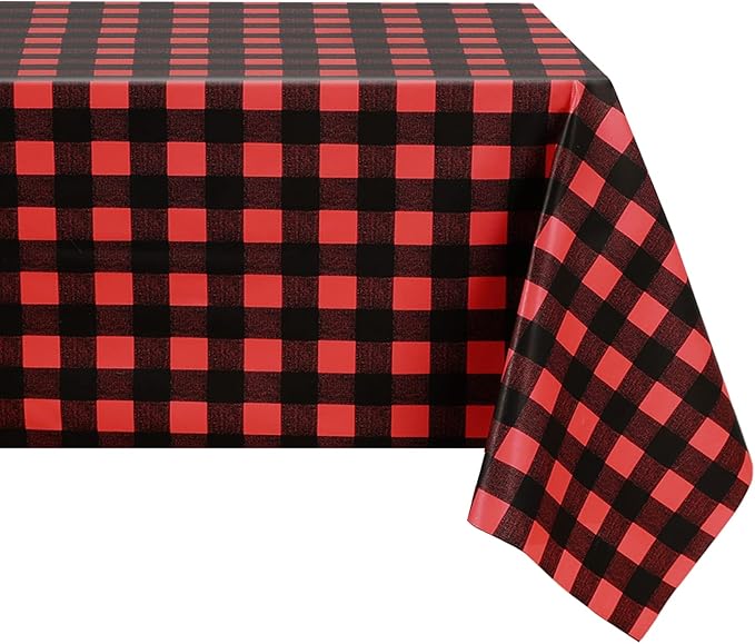 Romanstile Rectangle Vinyl Tablecloth, 100% Waterproof Buffalo Gingham Plastic Table Cloth, Heavy Duty Wipeable Checkered Table Covers for Outdoor, Camping, Picnic, Patio - 54 x 78, Black and Red