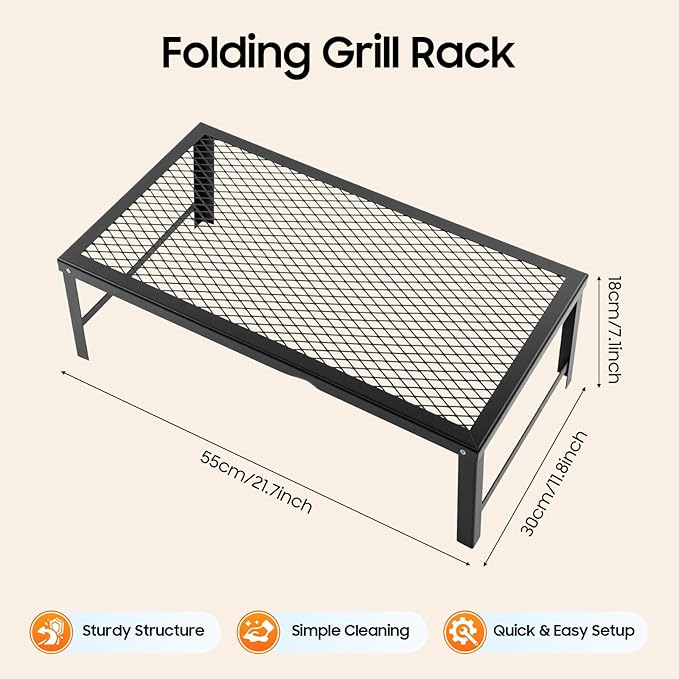 Folding Campfire Grill, 21.7in x 11.8in Portable Over Fire Camp Grill with Legs, Fire Pit Cooking Grate Barbecue Griddle Plate, Campfire Cooking Equipment for Outdoor Barbecue, Picnic, Camping