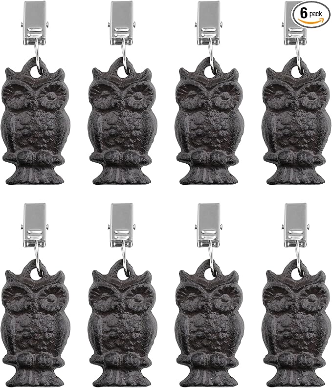 Black Cast Iron Antique Owl Tablecloth Weights Clip on Set of 8, Heavy Duty Vintage Pendant Tablecloth Weights Kit, Flag Weights Clips for Outdoor Garden Party Picnic Tablecloths
