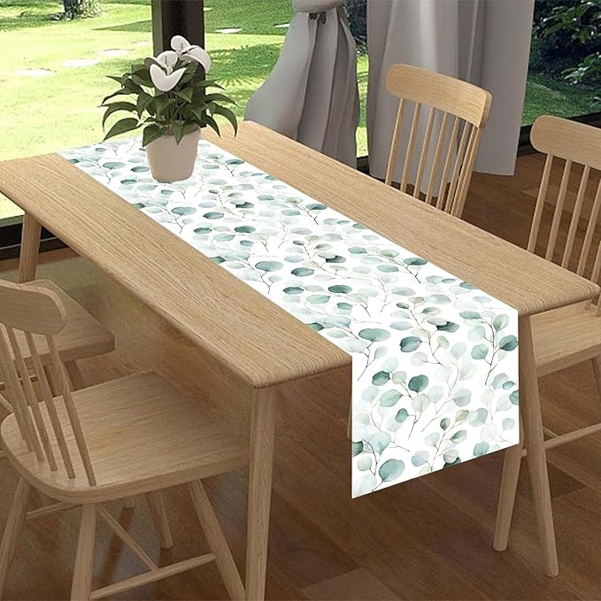 Green Eucalyptus Table Runner, Farmhouse Spring Summer Seasonal Plants Leaves Rustic Country Greenery Cafe Coffee Table Center Decor for Home Kitchen Dining Patio Indoor Outdoor, 13"x72" Inch