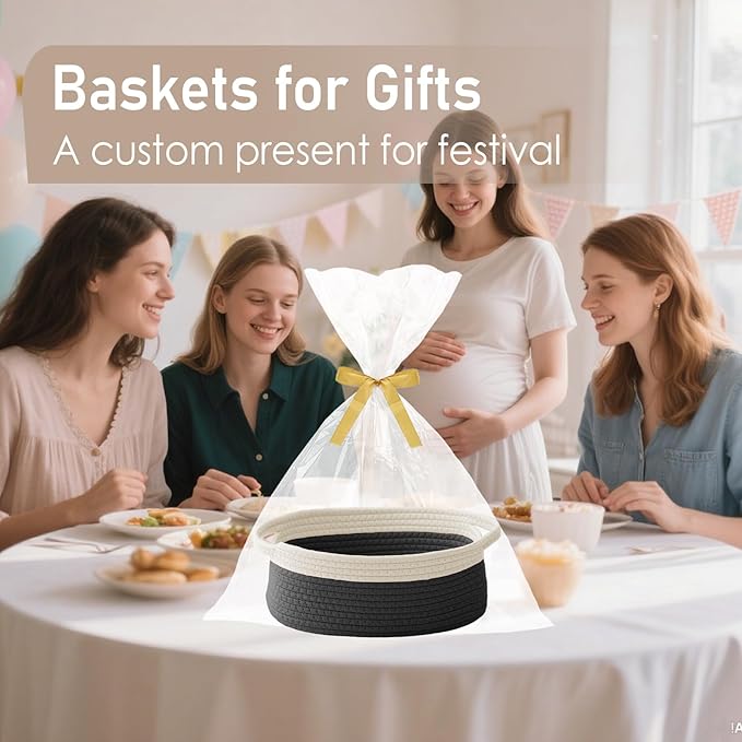 Woven Basket, Small Rope Storage Bin with Handles & Ribbon Bag, Organizer for Shelves Closets,Gift Basket Empty for Birthday,Books,Dog Toys,White&Black/2 Pack