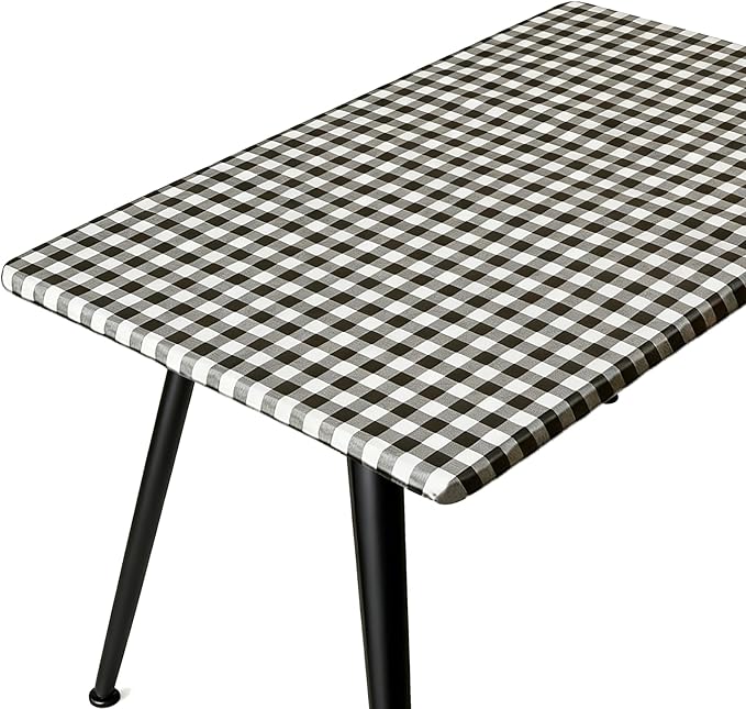 Rectangle Picnic Table Cloth, Elastic Waterproof Fitted Vinyl Tablecloths for 8 Foot Tables, Wipeable Flannel Backed Table Covers for Dining, Camping, Outdoor(Black Plaid,36"x96")