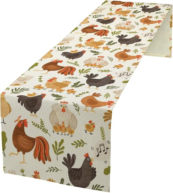 Cute Roosters Chickens Table Runners, Rustic Farm Animals Hen Table Runner for Farmhouse Wedding Coffee Dining Table Party Home 13x90in