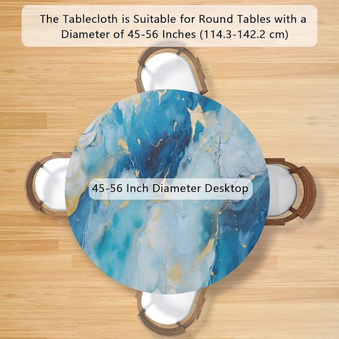 Marble Pattern Ink Blue Round Table Cloth Cover, Elastic Edge Waterproof Wipeable Tablecloths 45"-56" Polyester Tablecloth for Party Restaurant Banquet Holiday Camping Outdoor Picnic
