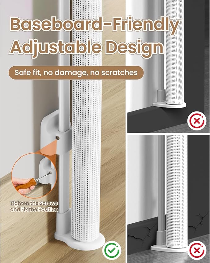 Retractable Baby Gate, 55" Wide Mesh Gate with 4 Reinforced Rods, Prevents Kids & Dogs from Crawling Under, 34" Tall Easy-to-Use Pet Gate for Stairs, Bedrooms, Hallways, Indoor/Outdoor, White