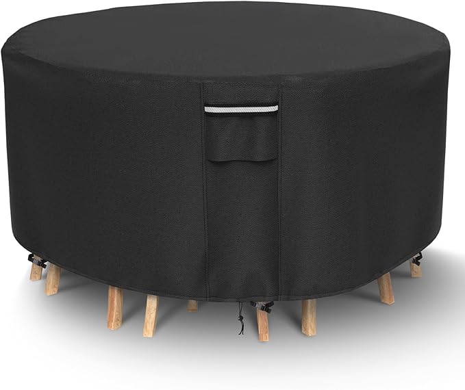 Round Patio Furniture Covers, 500D Heavy Duty Waterproof UV Resistant Cover for Round Outdoor Dining Table & Chairs,110" Dia x 28" H -Black