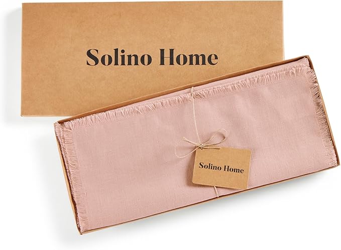 Solino Home Misty Pink Linen Table Runner 60 Inches - Fringe, 100% Pure Linen Coffee Table Runner 14 x 60 Inch for Valentines, Spring, Easter