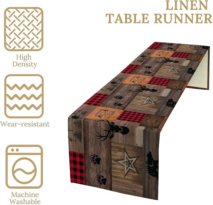 Vintage Bear Deer Table Runner, Rustic Western Farmhouse Hunting Theme Wildlife Animal Checkered Table Runner for Outdoor Dining Kitchen Camping Party 13x90in