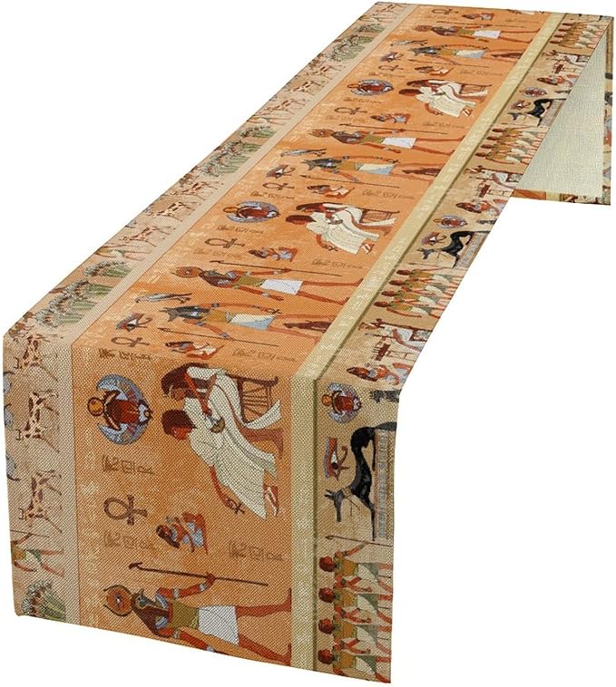 Ancient Table Runner, Mythology Egyptian Gods Pharaohs Antique Golden Hieroglyphs Print Pattern Table Runner for Dining Bedroom Kitchen Party Outdoor 13x70in