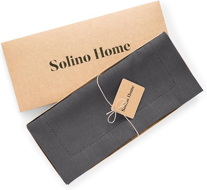 Solino Home Linen Table Runner 48 Inches - 100% Pure Linen Charcoal Hemstitch Table Runner 14 x 48 Inch Ideal for Dresser and Coffee Tables - Medium Weight - Winter