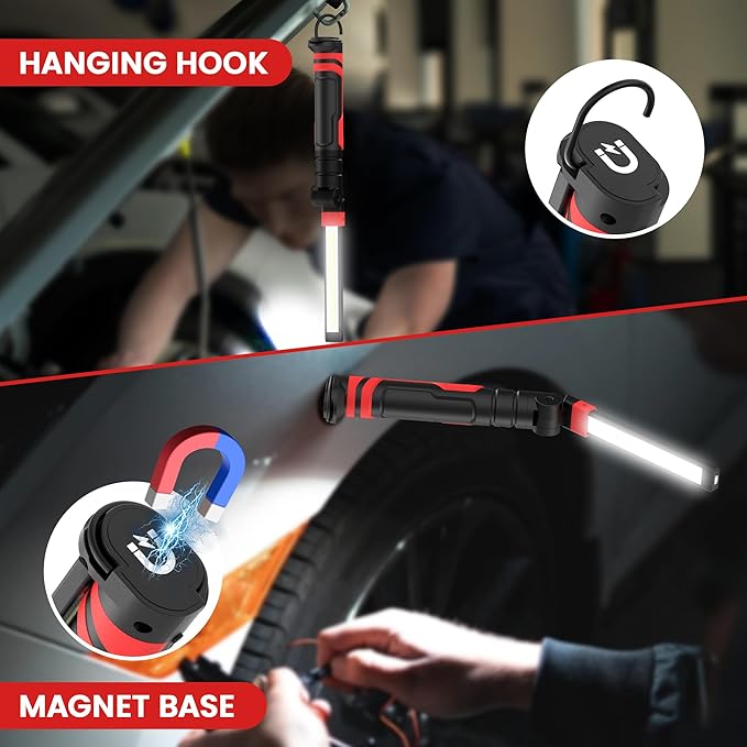 Rechargeable LED Work Light, Magnetic Flashlight Mechanic Light Tool for Men Him, Foldable Lamp with Hook for Car Repair Emergency BBQ Grill (2 Pack)
