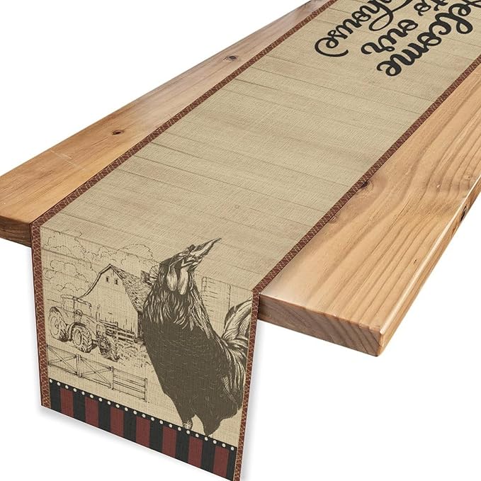 Rustic Farmhouse Table Runner, Vintage Barn Cottage Rooster Retro Farm Country Chicken Wooden Plank Coffee Table Center Decor for Home Kitchen Dining Patio Holiday Party Table Decorations 13"x36"