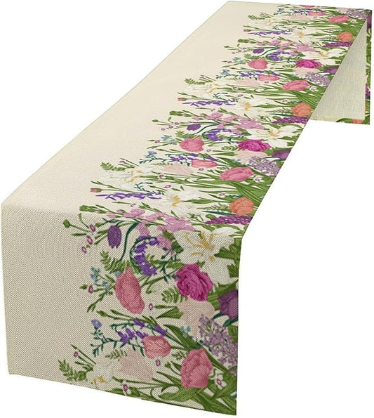 Floral Table Runner,Watercolor Spring Summer Seasons Pink Purple Flowers Table Decoration for Wedding Holiday Indoor Outdoor Home Party 13x60in