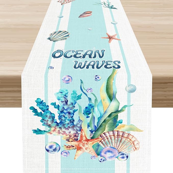 Nautical Coastal Table Runners, Blue Starfish Seashell Coral Summer Watercolor Undersea Ocean Waves Beach Table Center Decor for Holiday Party Kitchen Outdoor Farmhouse Table Decorations, 13" X 36"