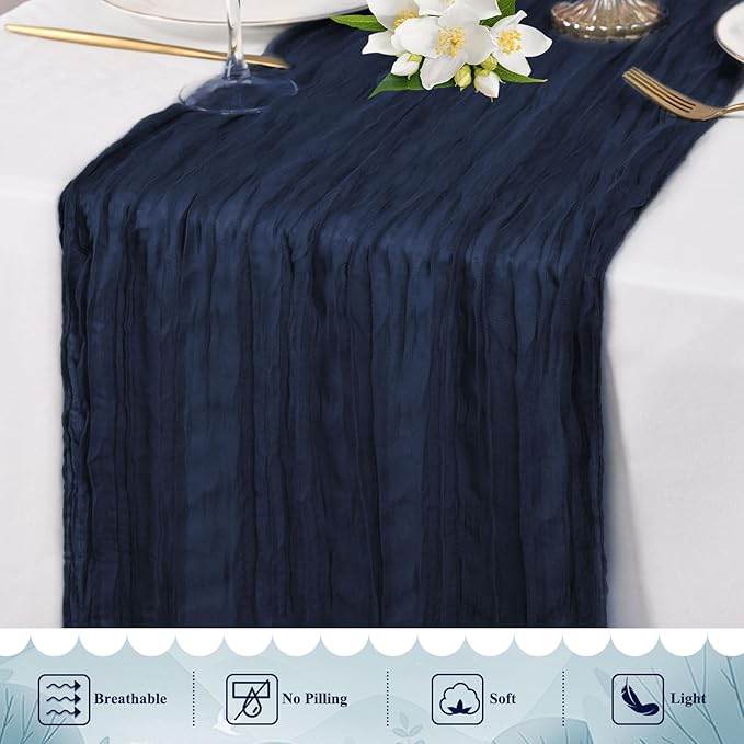20 Packs Cheesecloth Table Runner 10FT Long Boho Gauze Fabric Table Runner Vintage Rustic Sheer Runners for Wedding Party Bridal Baby Shower Table Decorations (Navy Blue )