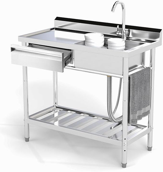 Stainless Steel Utility Sink, 39'' Free Standing Single Bowl Kitchen Sink with Drawer, Cold and Hot Water Pipe, Indoor and Outdoor for Laundry Room Farmhouse Kitchen(39 inch)