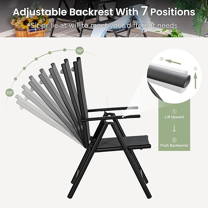 PHI VILLA Outdoor Patio Dining Set for 4, 42 Inch Round Patio Table Set with 4 Adjustable High Back Folding Patio Sling Chairs, Black
