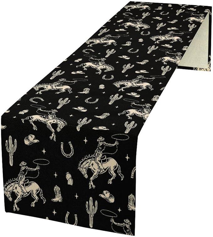 Vintage Western Cowboy Table Runner, Wild West Cowboy Riding Horse Desert Cactus Themed Table Runner for Home Kitchen Dining Party Farmhouse Cafe Outdoor 13x36in