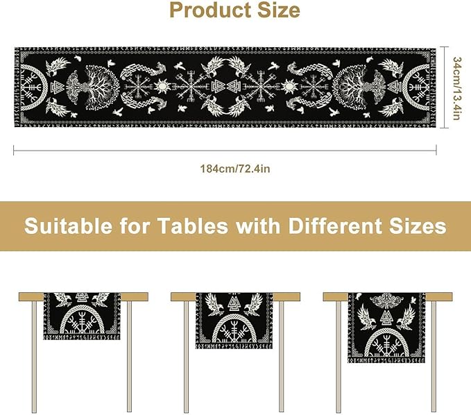 Viking Table Runner, Black Viking Tree of Life Raven Helmet of Awe Table Runner for Kitchen Dining Home Party 13x36in