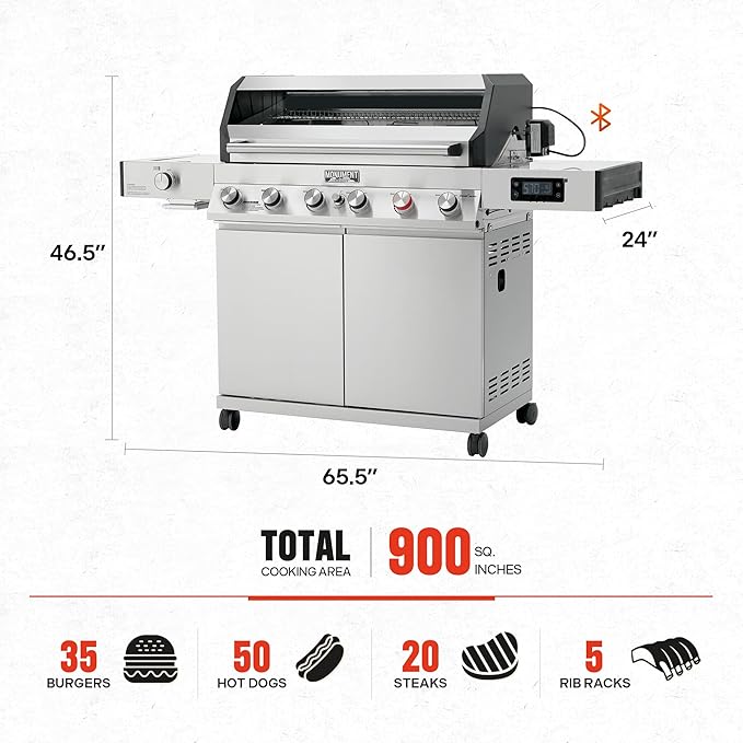 Monument Grills 6+1 Burner Smart Propane Gas Grill, Denali 605Pro Stainless Steel Grill 78,000 BTU Outdoor Barbecue with Side Burner, Flame Tamer, Cover, Rotisserie