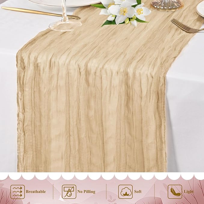 20 Packs Cheesecloth Table Runner 10FT Long Boho Gauze Fabric Table Runner Vintage Rustic Sheer Runners for Wedding Party Bridal Baby Shower Table Decorations (Beige)